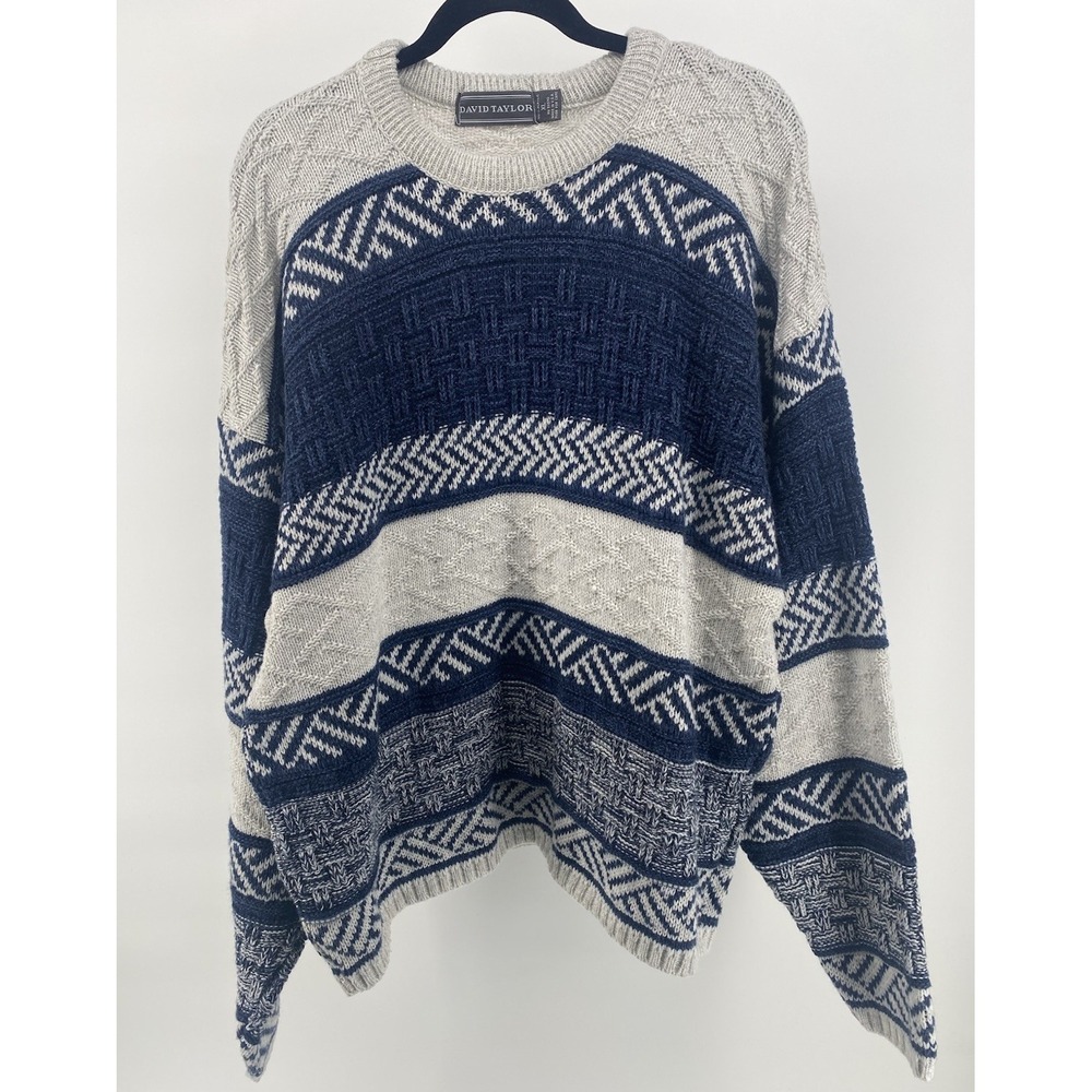 Vintage David Taylor Mens XL Sweater Blue,Grey Abstract‎ Pattern Crewneck